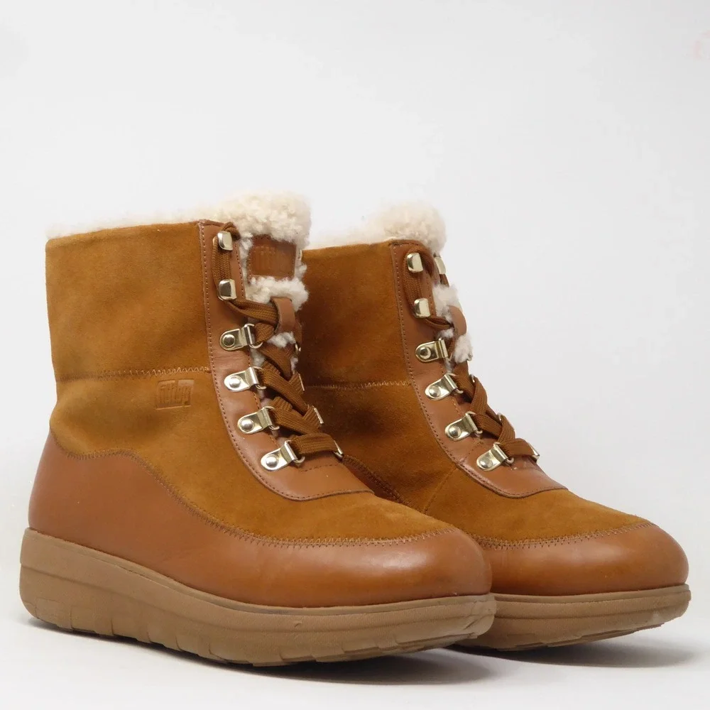 FitFlop Mukluk III Women Boots Brown Leather Suede Shearling Lined Lace Up 9